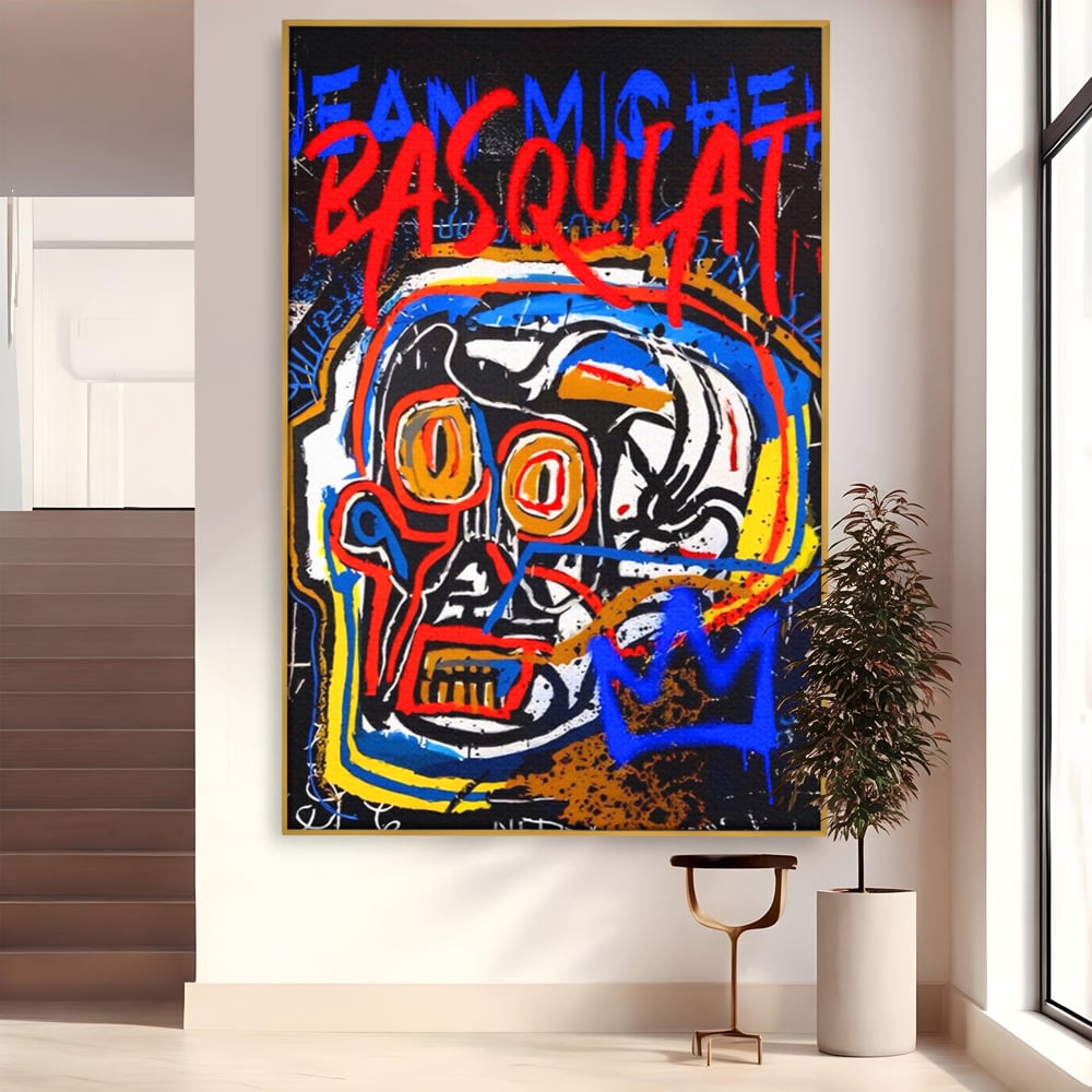 Tablou canvas cu tablou canvas cu portret stil graffiti, in rama de aluminiu auriu
